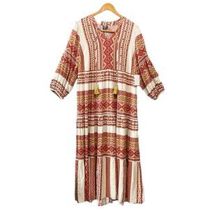 NEW Cal Style Maxi Dress Womens Lg Ikat‎ Boho Western Tiered Skirt Tassels